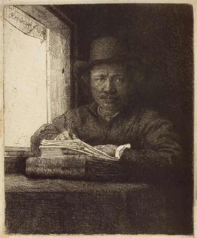 REMBRANDT Harmenszoon van Rijn Self-Portrait,Etching at a Window China oil painting art